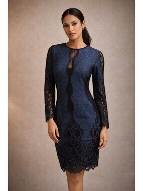 Elie Tahari Lace Bodycon Dress Blue Black Sheer Sleeve Cocktail Size 6